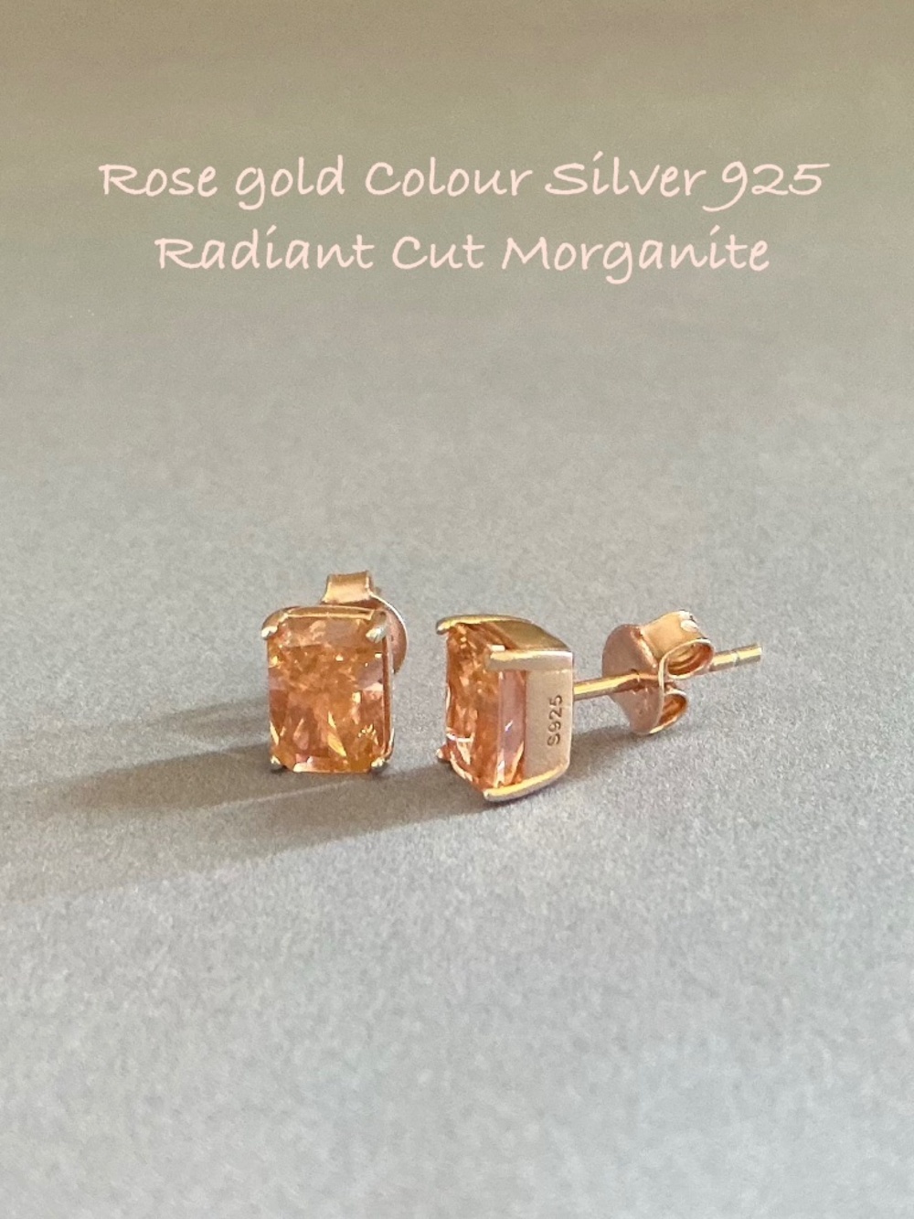 Dainty S925 Radiant-Cut Morganite Stud Earrings ・Stamped S925